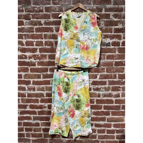 Hot Cotton Marc Ware 100% Linen 2pc Set Sleeveless Top & Pants Hawaiian Medium - Picture 1 of 6